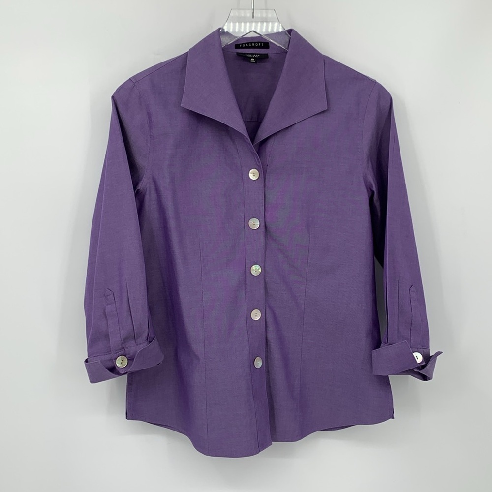 Foxcroft Non-Iron Fitted fit Shirt blouse top purple button front flipped cuff 4